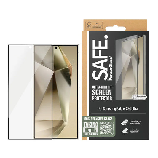 Film de protection d'écran PanzerGlass Safe. Ultra-Wide Fit EasyAligner pour Samsung Galaxy S24 Ultra S928, Verre Trempé, Full Glue, Noir