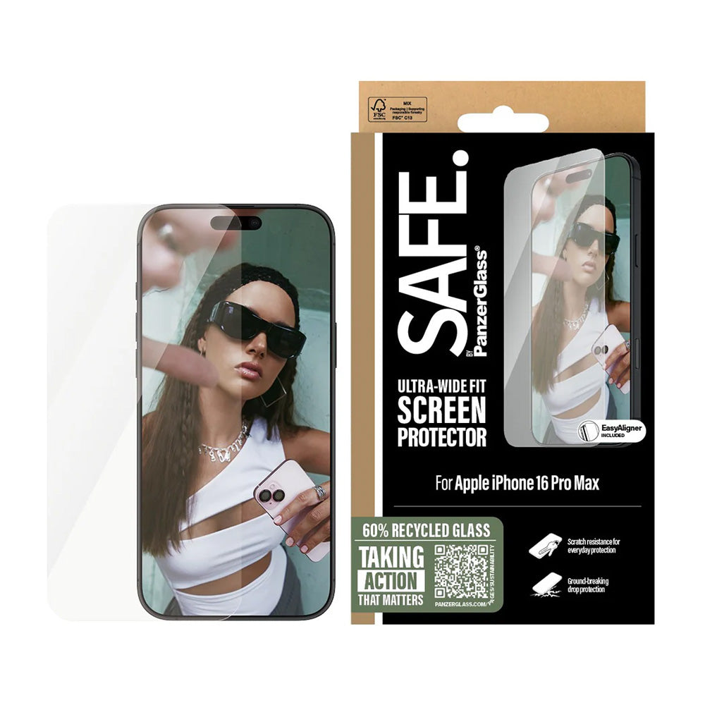 Schutzfolie PanzerGlass Safe Bildschirm. Ultra-Wide Fit für Apple iPhone 16 Pro Max, gehärtetes Glas, Full Glue.
