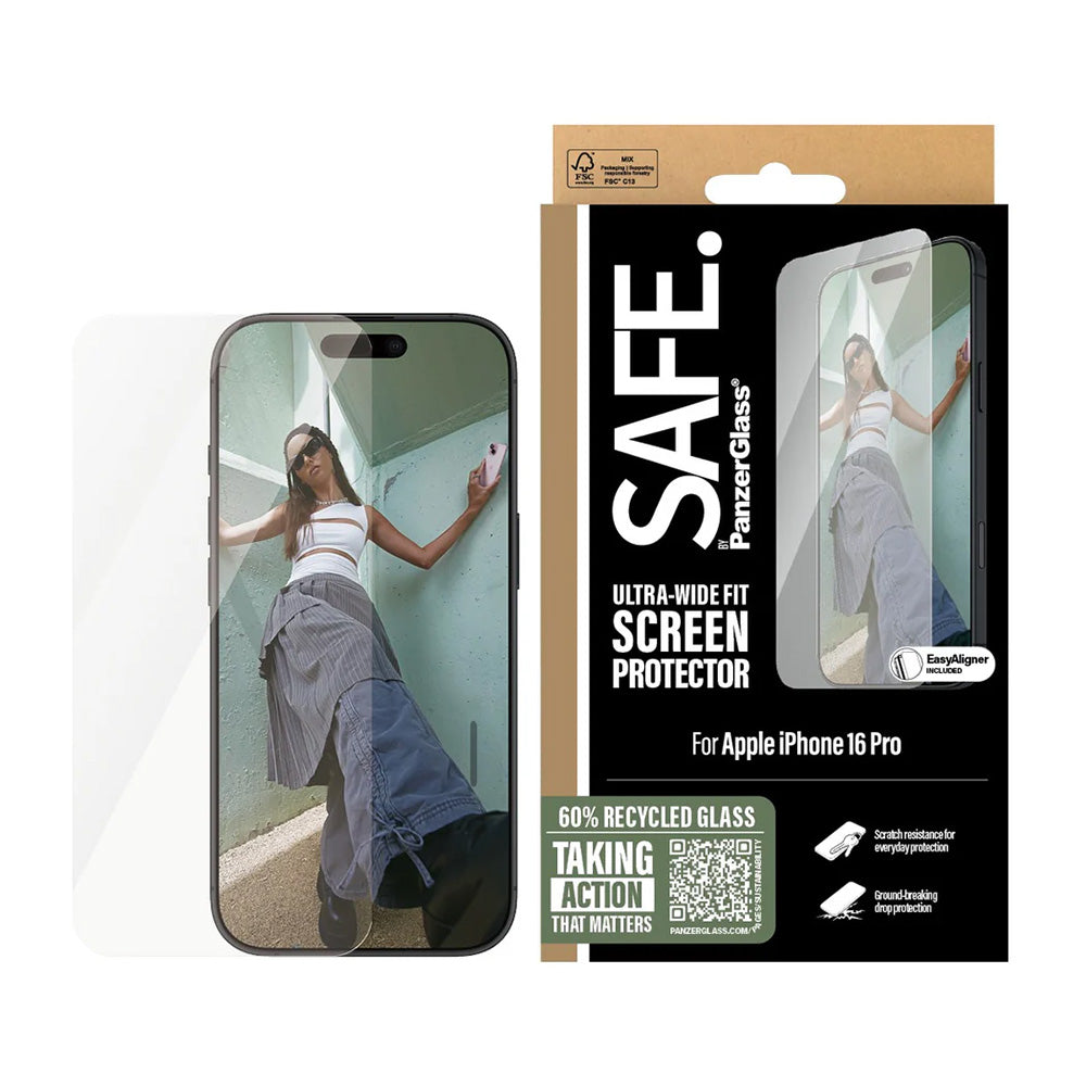 Schutzfolie PanzerGlass Safe Bildschirm. Ultra-Wide Fit für Apple iPhone 16 Pro, gehärtetes Glas, Full Glue.