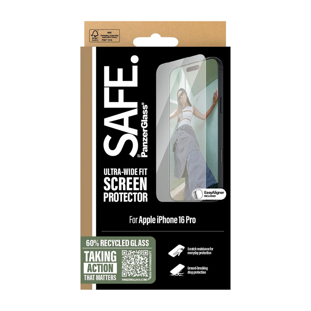Schutzfolie PanzerGlass Safe Bildschirm. Ultra-Wide Fit für Apple iPhone 16 Pro, gehärtetes Glas, Full Glue.