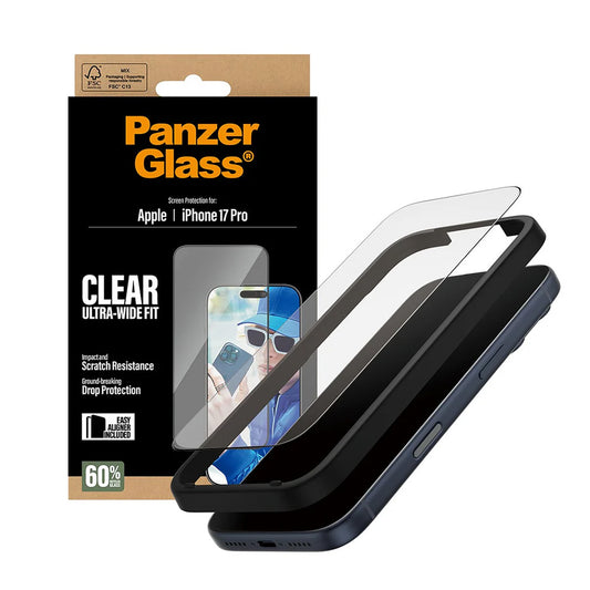 Film de protection d'écran PanzerGlass Ultra-Wide Fit EasyAligner pour Apple iPhone 17 Pro, Verre Trempé, Full Glue, Noir