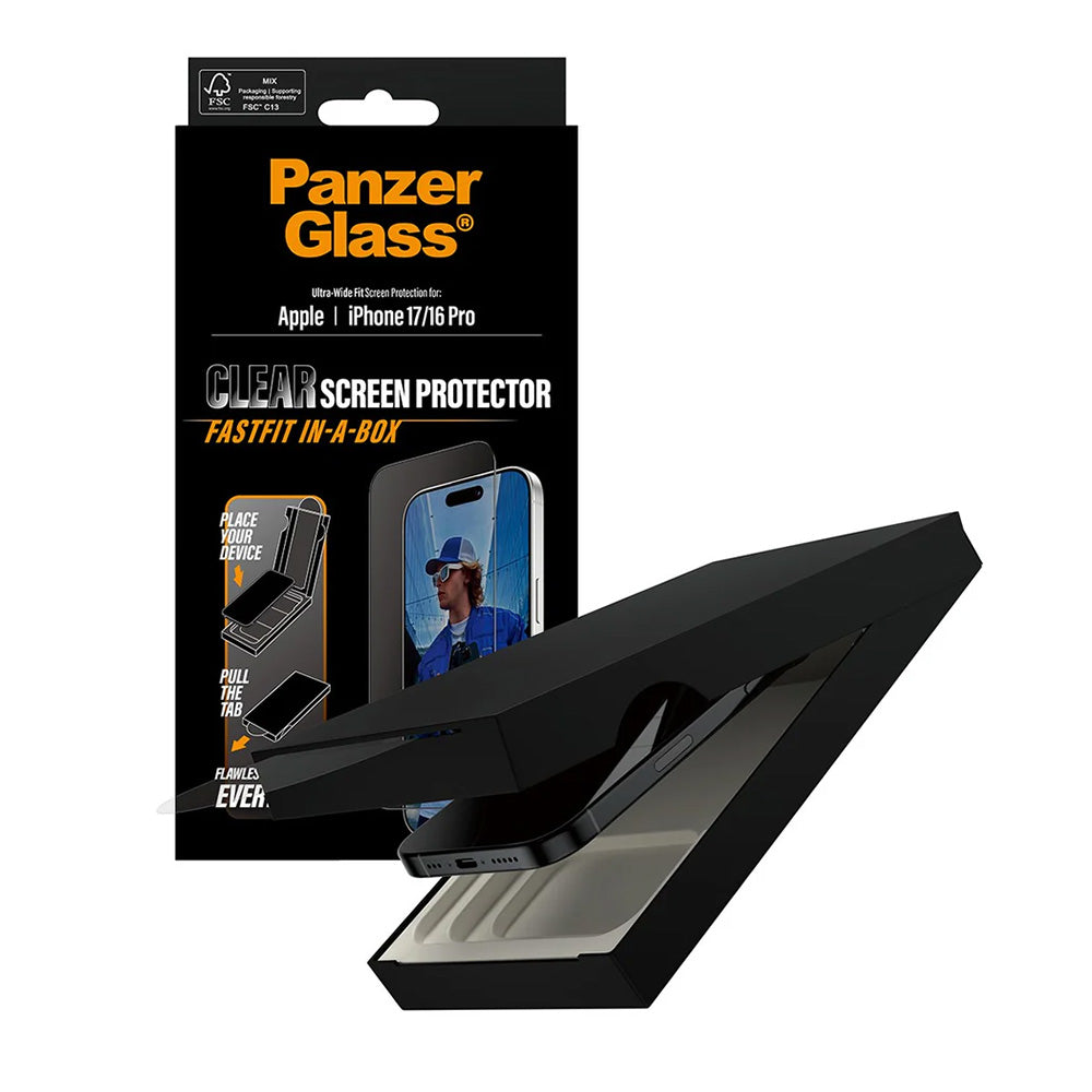 Schutzfolie PanzerGlass Ultra-Wide Fit Fastfit für Apple iPhone 17 / 16 Pro, gehärtetes Glas, Full Glue, Schwarz