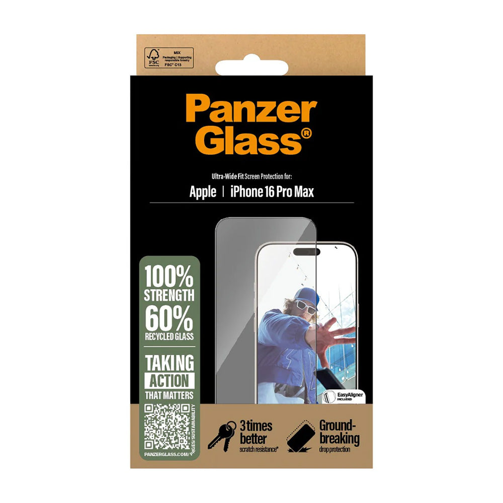 Film de protection d'écran PanzerGlass Ultra-Wide Fit pour Apple iPhone 16 Pro Max, Verre Trempé, Full Glue, Noir