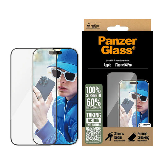 Schutzfolie PanzerGlass Ultra-Wide Fit für Apple iPhone 16 Pro, gehärtetes Glas, Full Glue, Schwarz