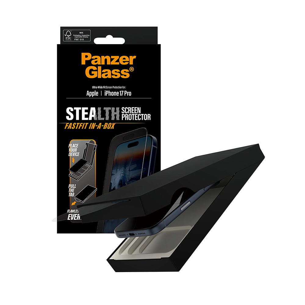 Film de protection d'écran PanzerGlass Ultra-Wide Fit Stealth Fastfit pour Apple iPhone 17 Pro, Verre Trempé, Full Glue, Noir