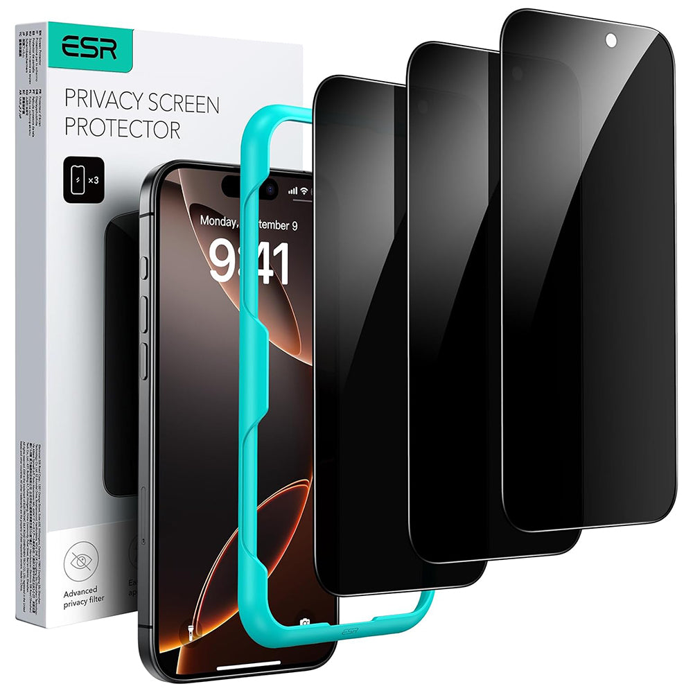 Film de protection Écran Privacy ESR pour Apple iPhone 17 / 16 Pro, Verre Trempé, Full Glue, Lot de 3 pièces