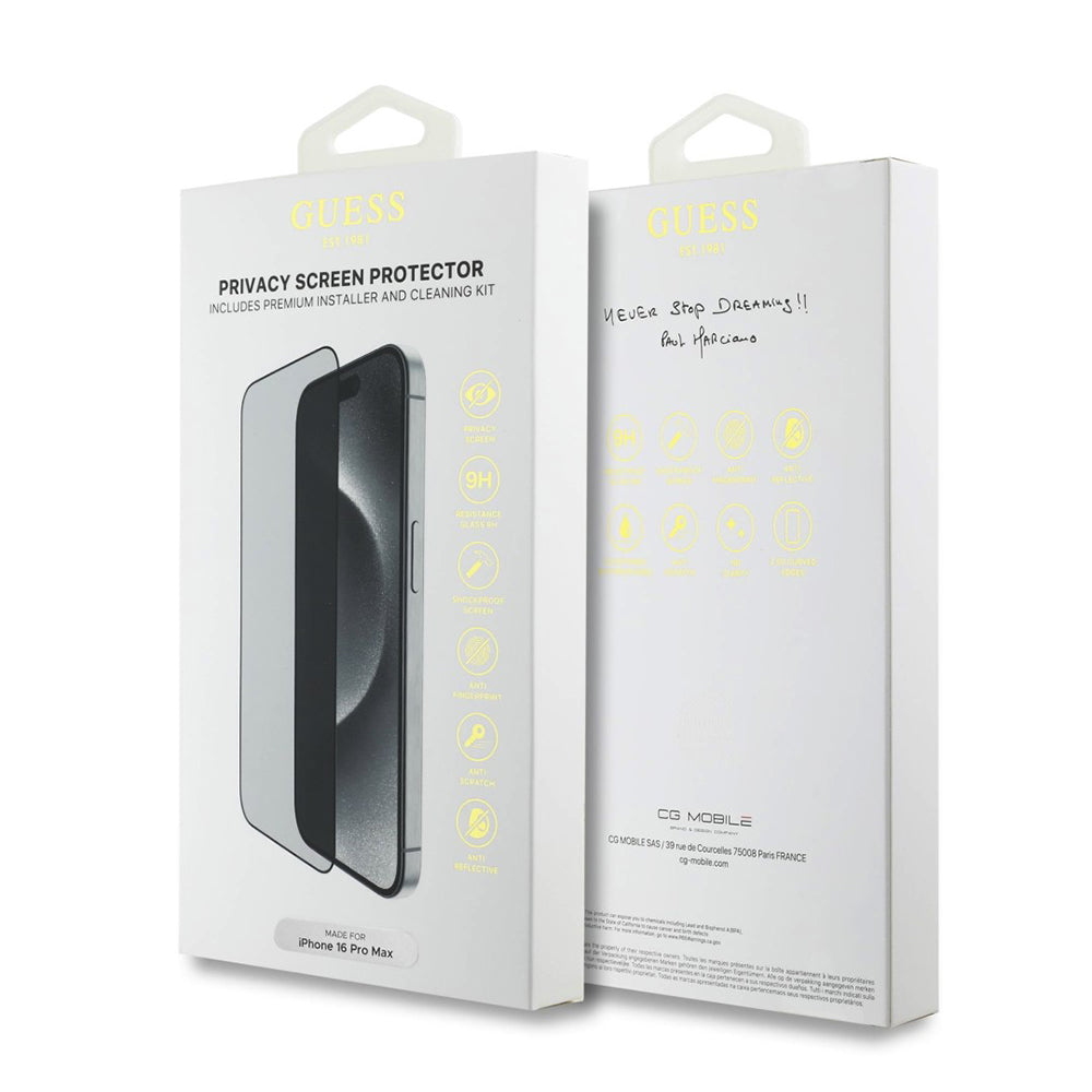 Schutzfolie Privacy Guess für Apple iPhone 16, gehärtetes Glas, Full Glue, 2.5D
