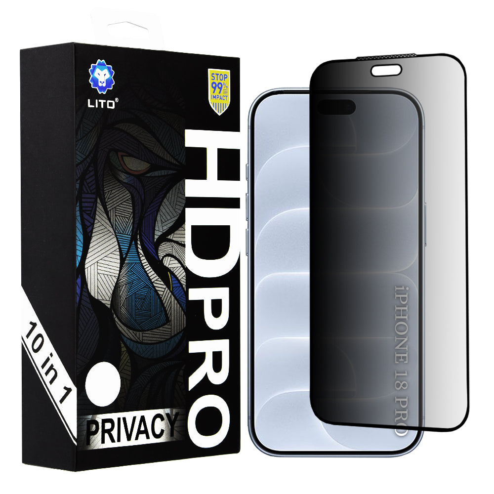 Lito HD Pro Privacy-Displayschutzfolie für Apple iPhone 18 Pro, gehärtetes Glas, vollflächig klebend, 10er-Set