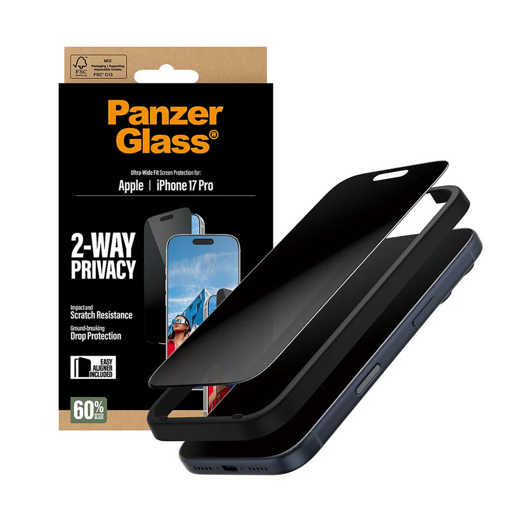 Schutzfolie Privacy PanzerGlass Ultra-Wide Fit 2-Way EasyAligner für Apple iPhone 17 Pro, gehärtetes Glas, Full Glue