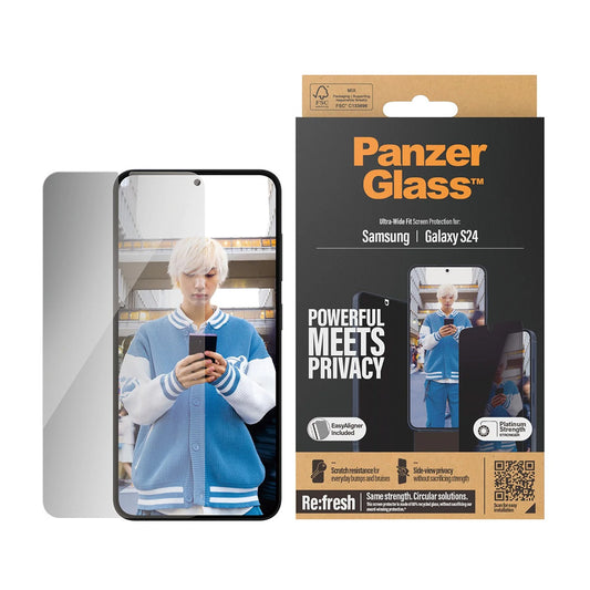 Privacy Screen Protector PanzerGlass Ultra-Wide Fit EasyAligner for Samsung Galaxy S24 S921, Tempered Glass, Full Glue