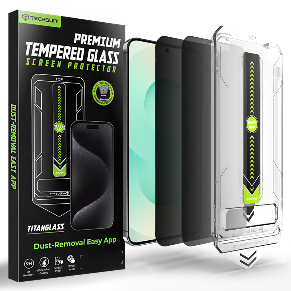 Schutzfolie Privacy Techsuit TitanGlass CrystalHD für Samsung Galaxy S26 Plus S947, gehärtetes Glas, Full Glue, Set mit 2 Stück.