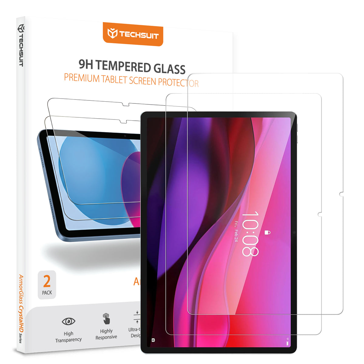 Schutzfolie Techsuit ArmorGlass CrystalHD für Lenovo Yoga Tab Plus, gehärtetes Glas, Full Glue, Set mit 2 Stück.