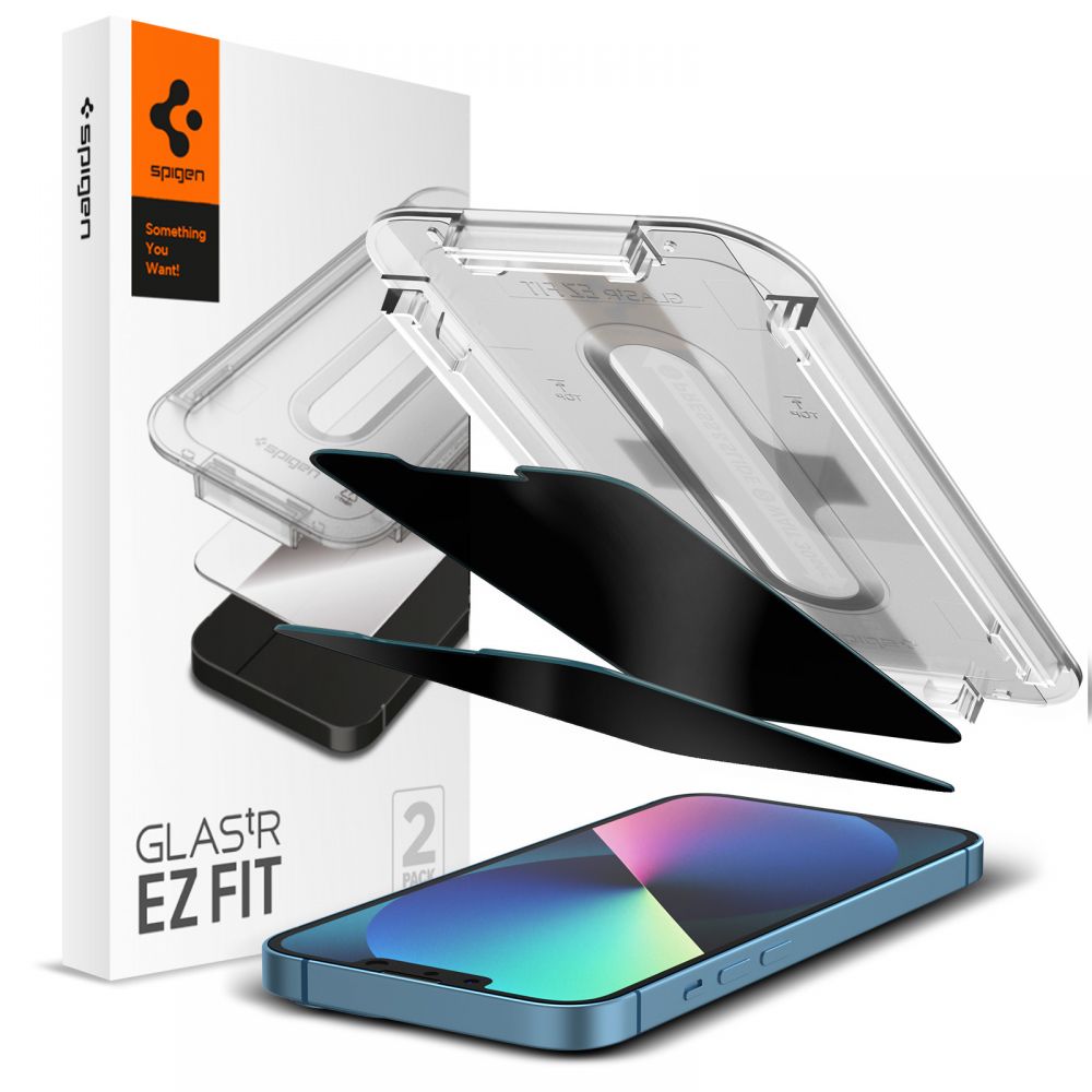 Film de protection écran Privacy Spigen GlastR EZ FIT pour Apple iPhone 14 Plus / 13 Pro Max, Verre Trempé, Full Glue, Lot de 2 pièces
