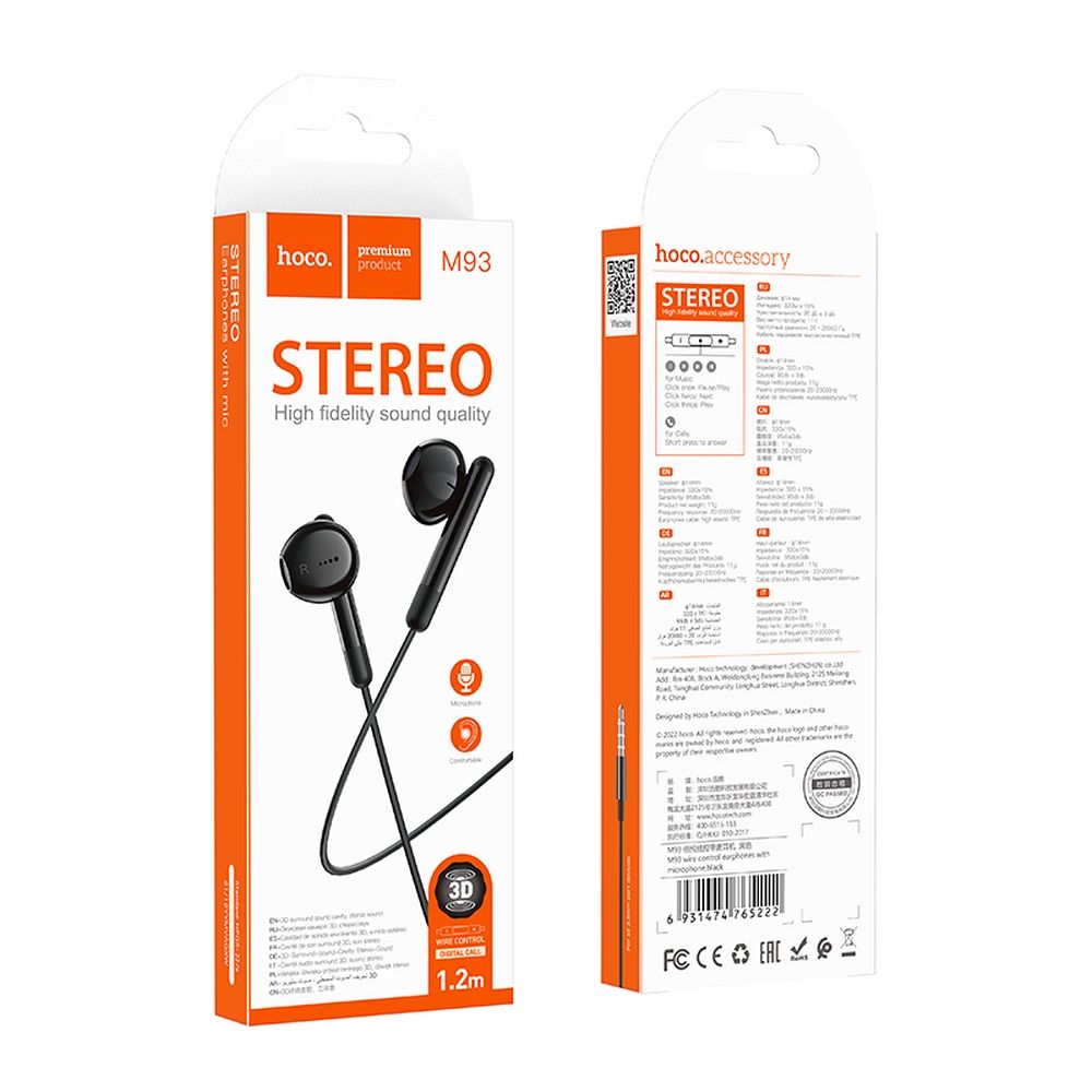 Handsfree 3.5mm HOCO M93, Noir