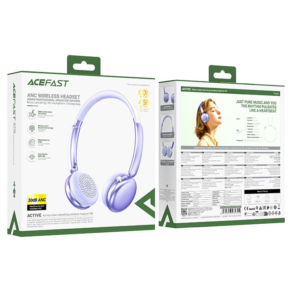 Handsfree Bluetooth Acefast H8, A2DP, ANC, Lila