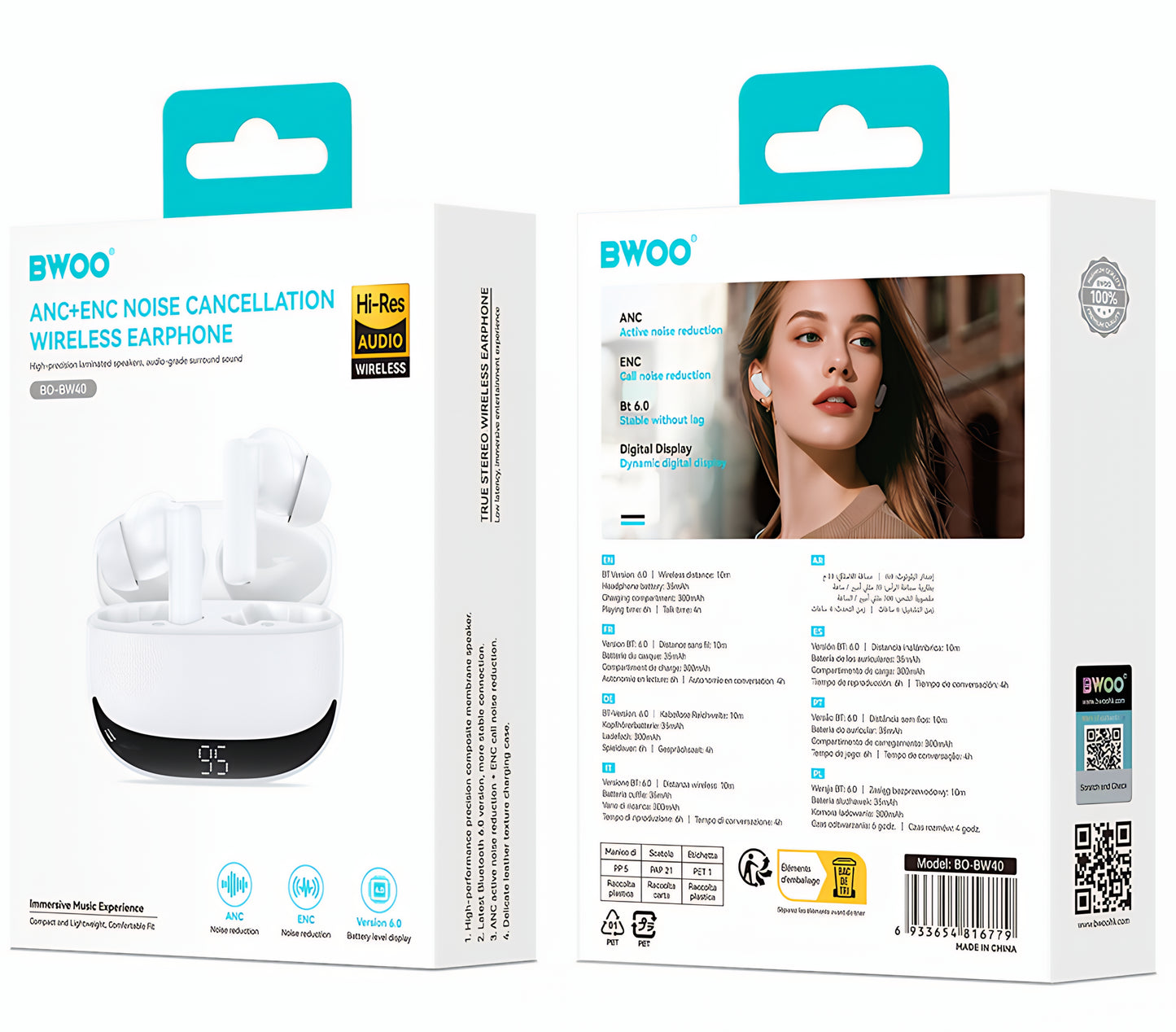 Écouteurs Bluetooth BWOO BW40, TWS, ANC, Blanc