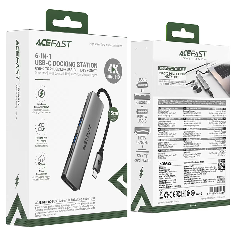 USB-C Hub Acefast J18, 6in1, Grau