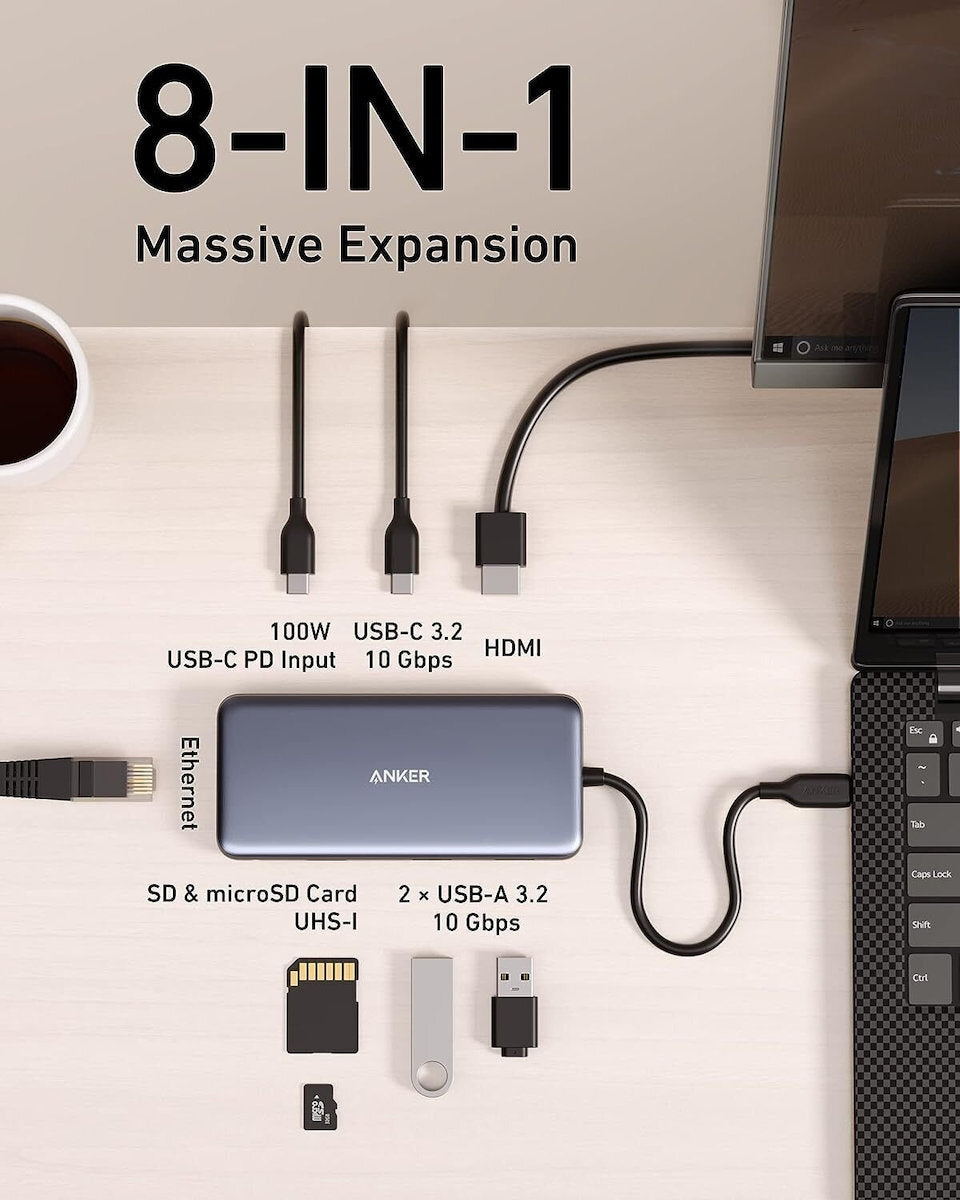 Anker 555 USB-C Hub, 2 x USB-A 3.2 - 2 x USB-C - 1 x HDMI - 1 x RJ45 - 1 x SD - 1 x microSD, Gray A83830A2