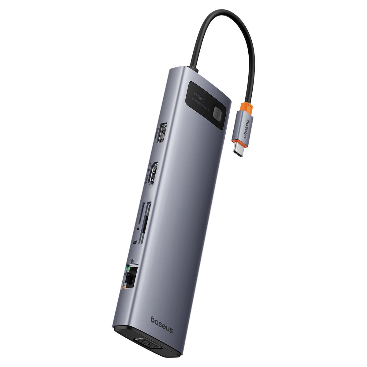 Hub USB-C Baseus Metal Gleam, 3 x USB-A 3.0 - 1 x USB-A - 1 x USB-C - 1 x HDMI - 1 x VGA - 1 x Jack 3.5mm - 1 x RJ45 - 1 x SD - 1 x microSD, Gris