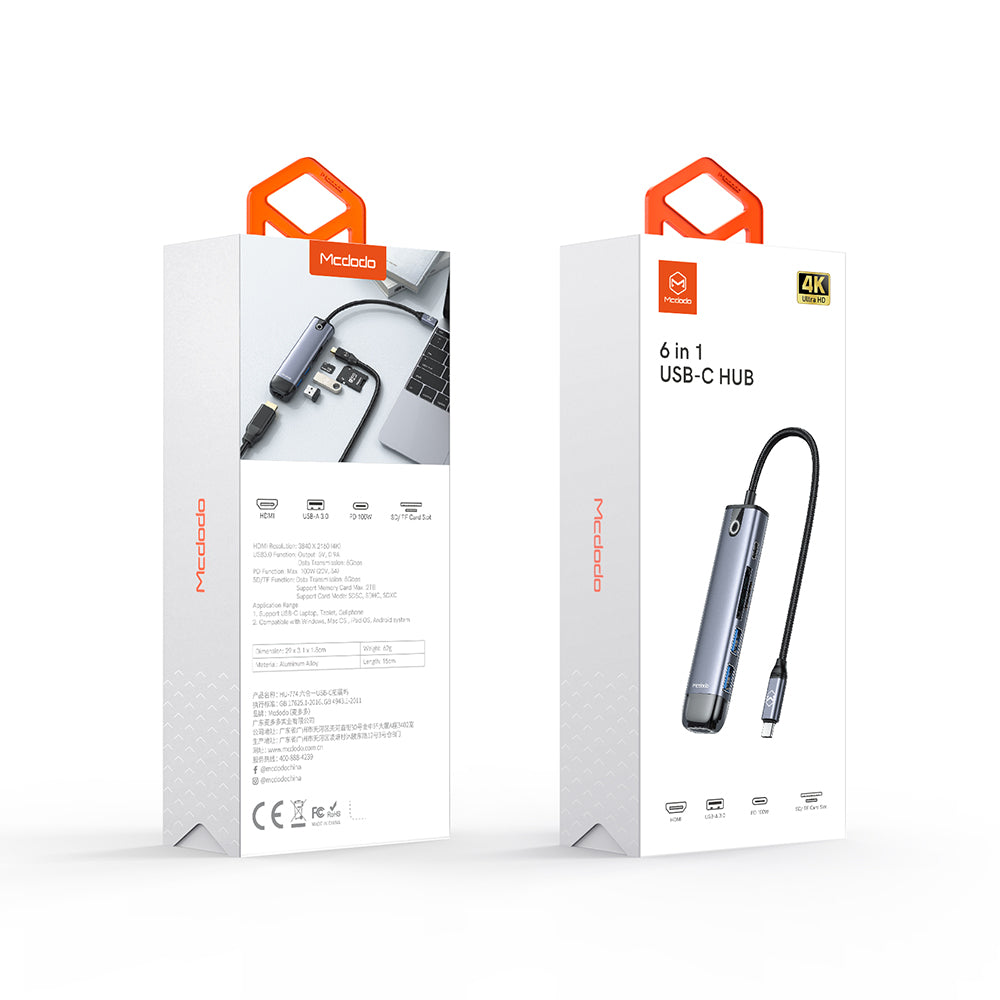 Hub USB-C McDodo HU-7740, 6en1, Gris