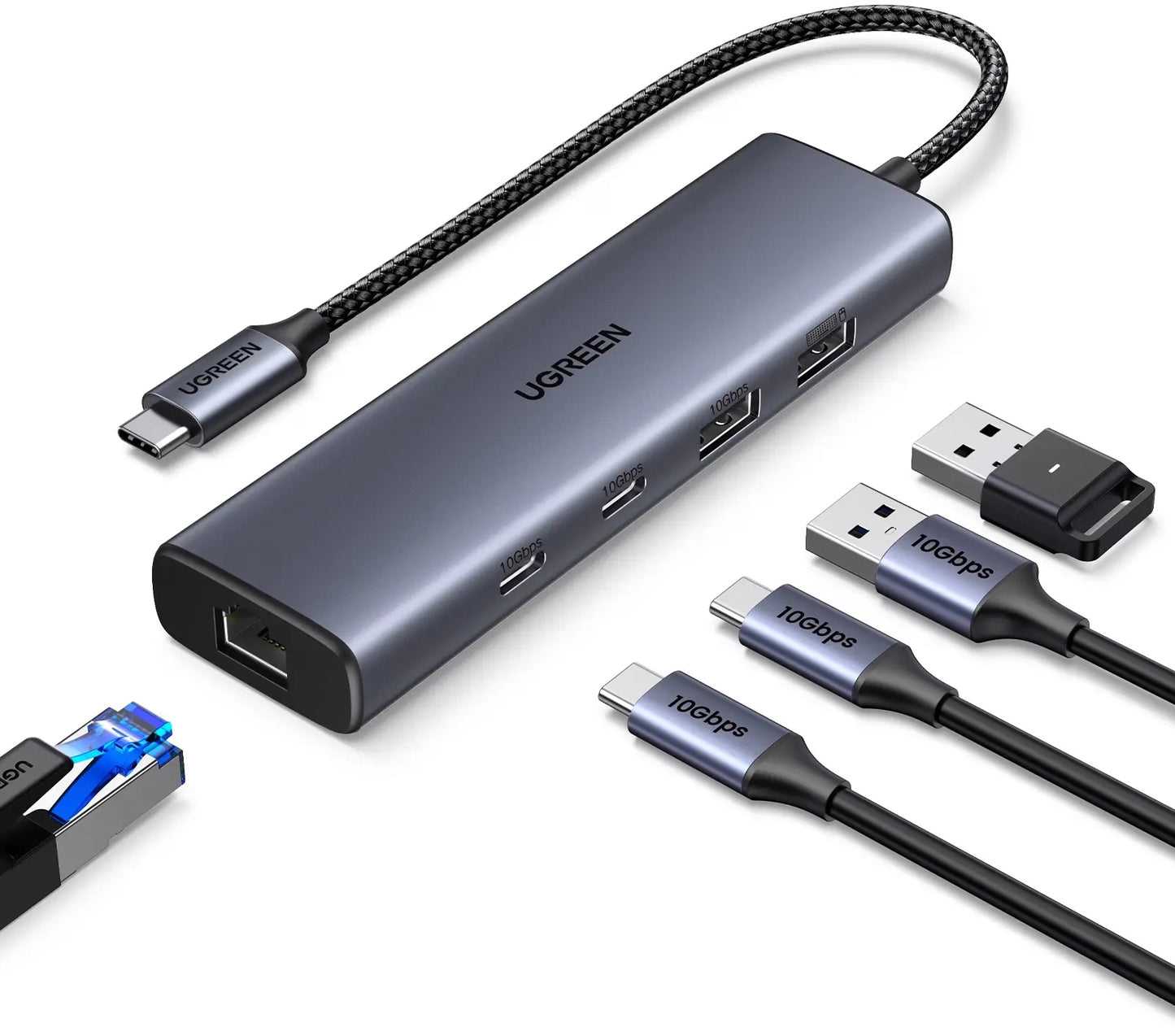 UGREEN CM512 USB-C Hub, 1 x USB-A 3.2 - 1 x USB-A - 3 x USB-C - 1 x RJ45, Gray