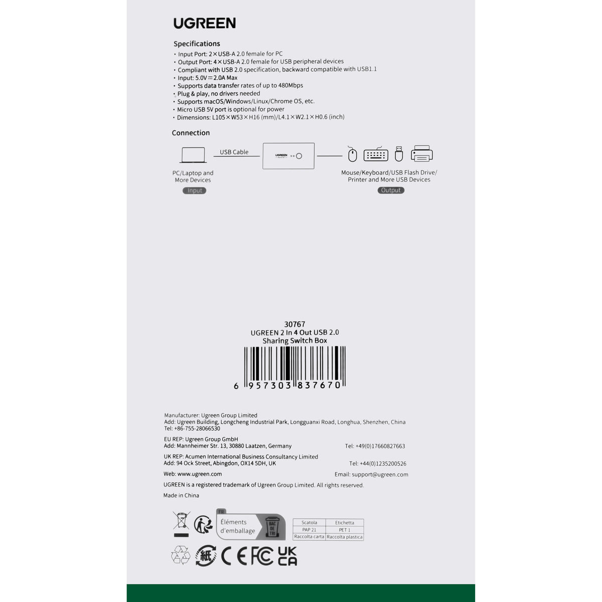 Switch USB UGREEN US216 (30767) Two Sharing Box, 4 x USB-A, Noir