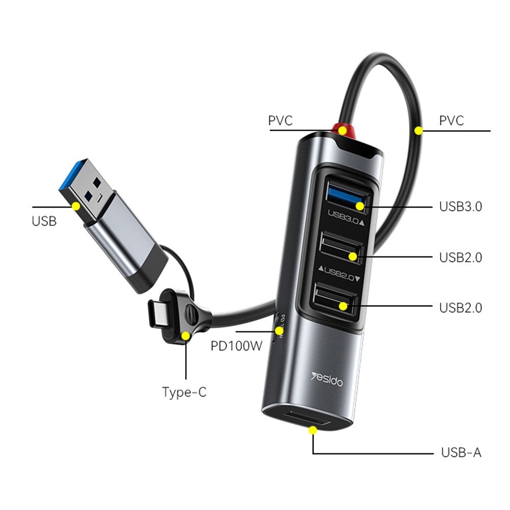 Hub USB / USB-C Yesido HB20, 5en1, Gris