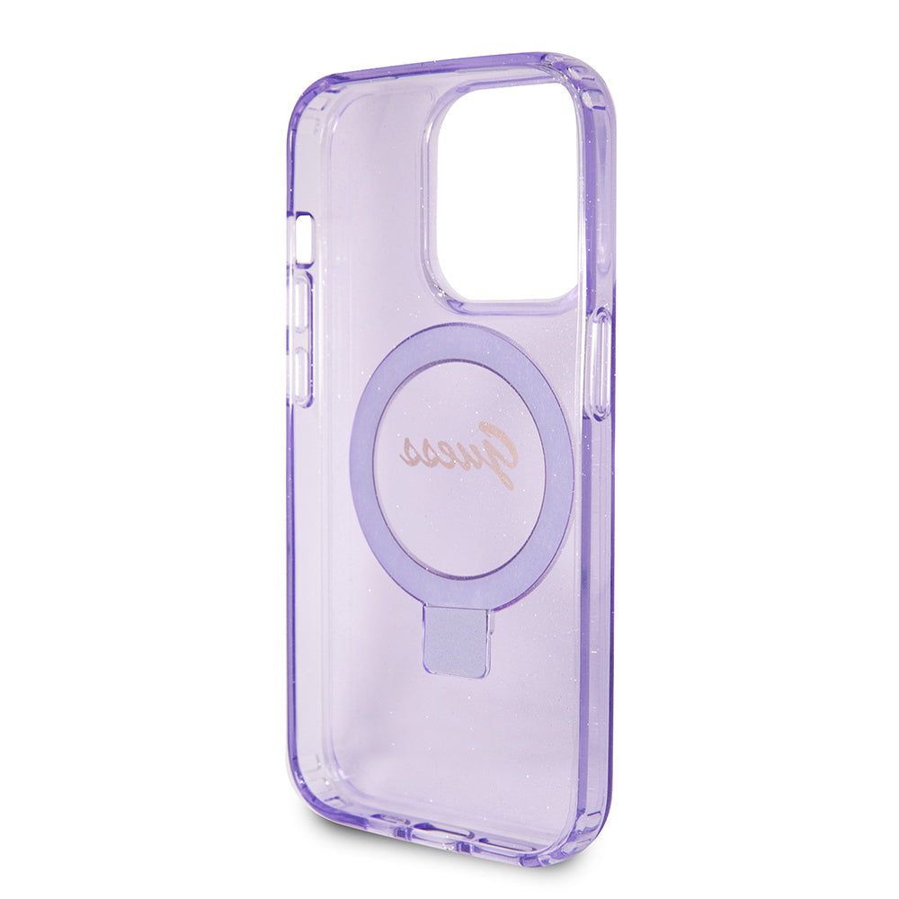 Étui MagSafe pour Apple iPhone 15 Pro Max, Guess, IML Ring Stand Glitter, Violet GUHMP15XHRSGSU