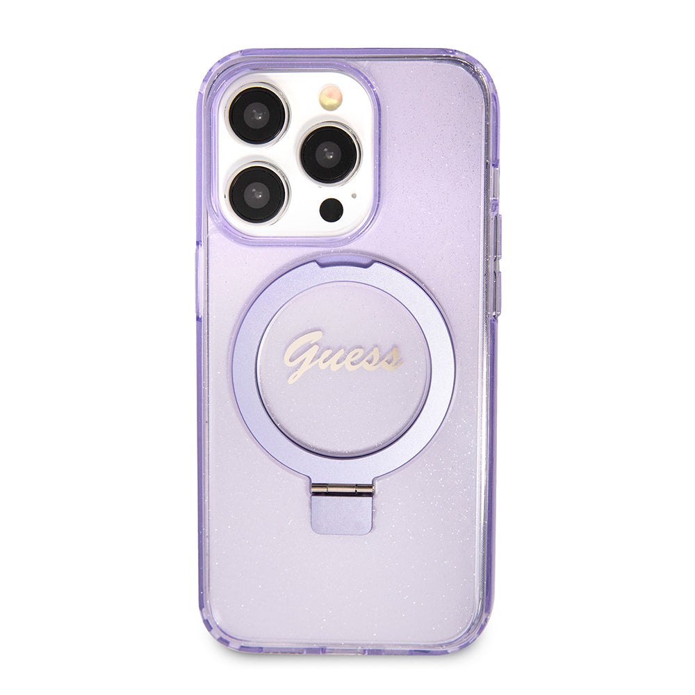 Étui MagSafe pour Apple iPhone 15 Pro Max, Guess, IML Ring Stand Glitter, Violet GUHMP15XHRSGSU