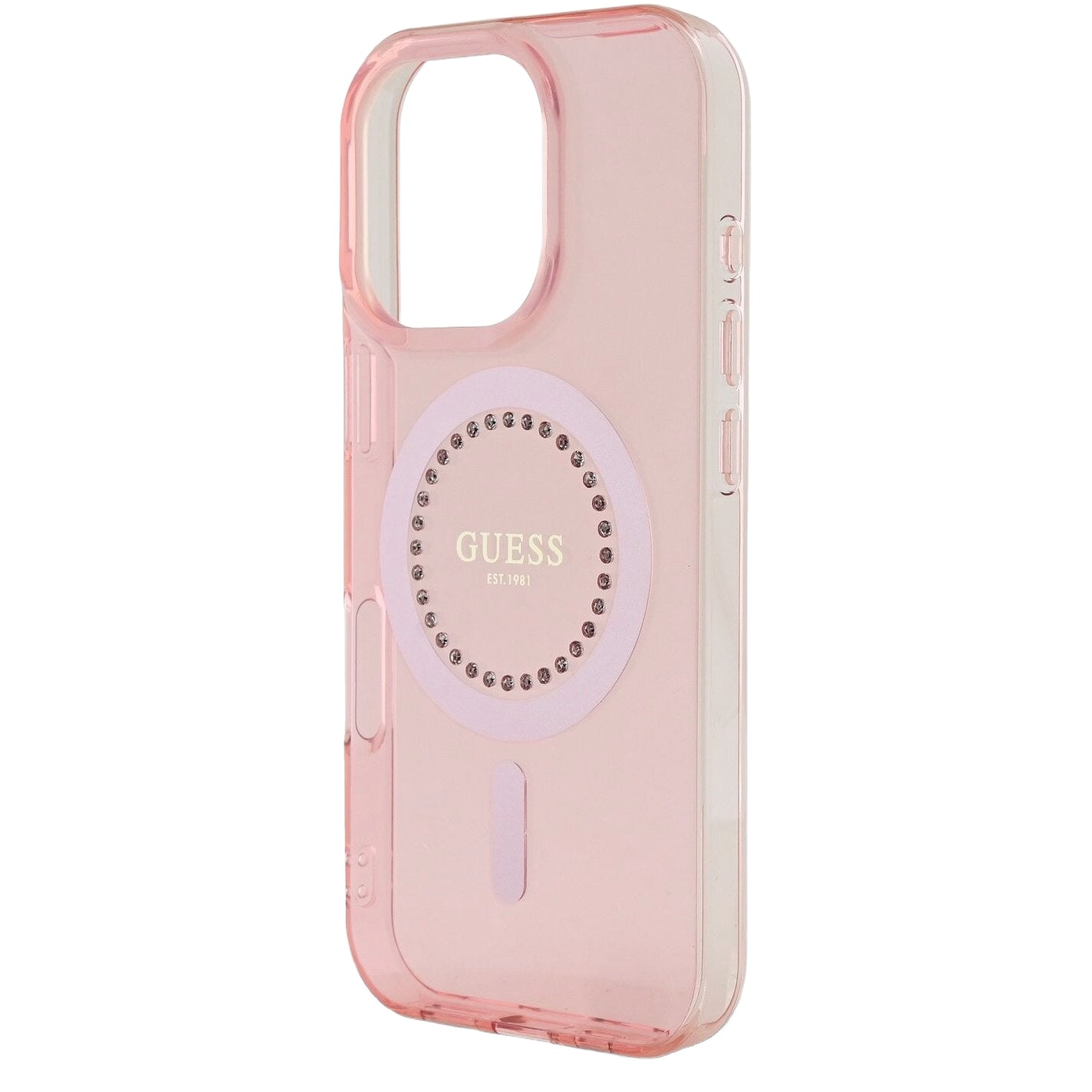 Étui MagSafe pour Apple iPhone 16 Pro Max, Guess, Anneau de Strass IML, Rose GUHMP16XPFTDTEP