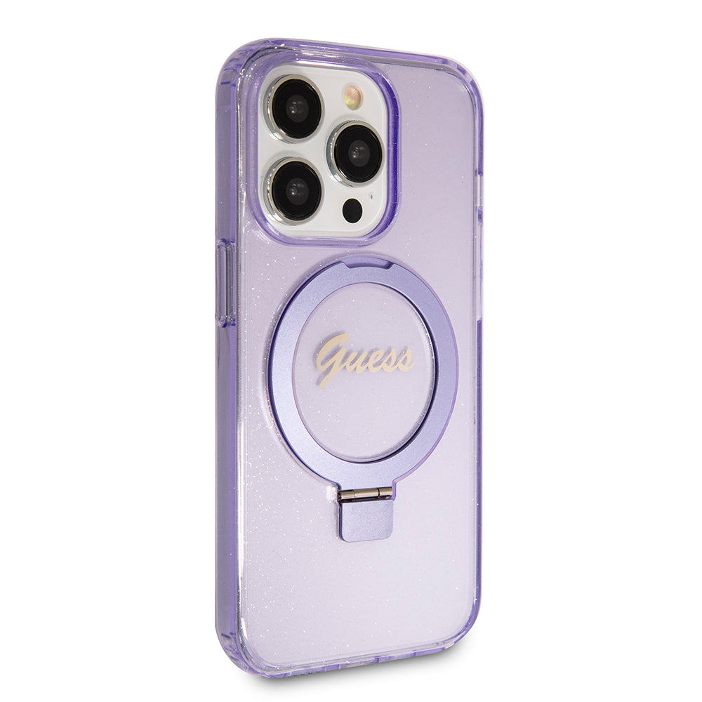 Étui MagSafe pour Apple iPhone 15 Pro Max, Guess, IML Ring Stand Glitter, Violet GUHMP15XHRSGSU