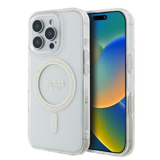 Étui MagSafe pour Apple iPhone 16 Pro, Guess, IML Glitter Ring, Transparent GUHMP16LHFGERET