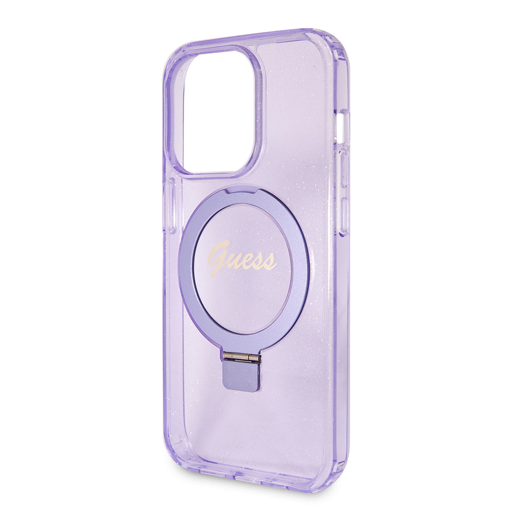 Étui MagSafe pour Apple iPhone 15 Pro Max, Guess, IML Ring Stand Glitter, Violet GUHMP15XHRSGSU