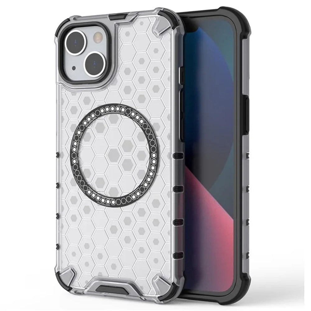 Coque MagSafe pour Apple iPhone 14, Techsuit, HoneyComb Shield, Blanche