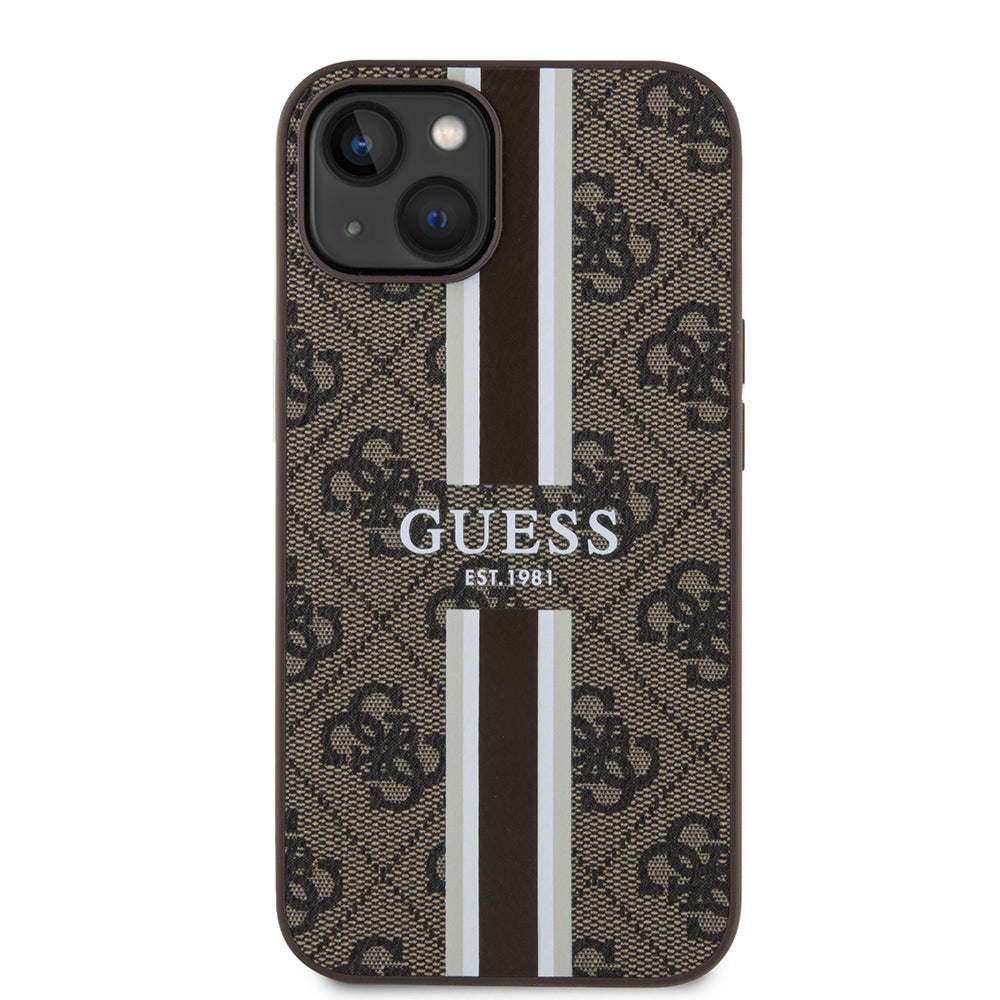MagSafe Case for Apple iPhone 15, Guess, 4G Printed Stripes, Brown
