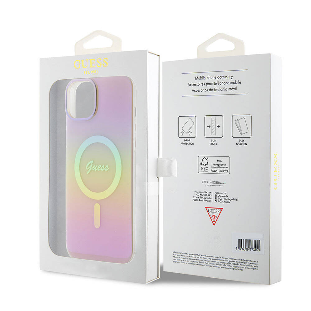 Étui MagSafe pour Apple iPhone 15, Guess, IML Iridescent Script, Rose GUHMP15SHITSP