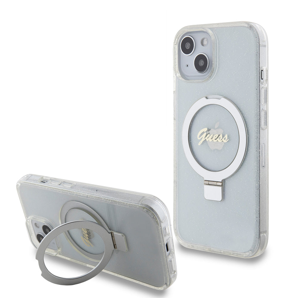 Coque MagSafe pour Apple iPhone 15, Guess, Ring Stand Script Glitter, Transparente