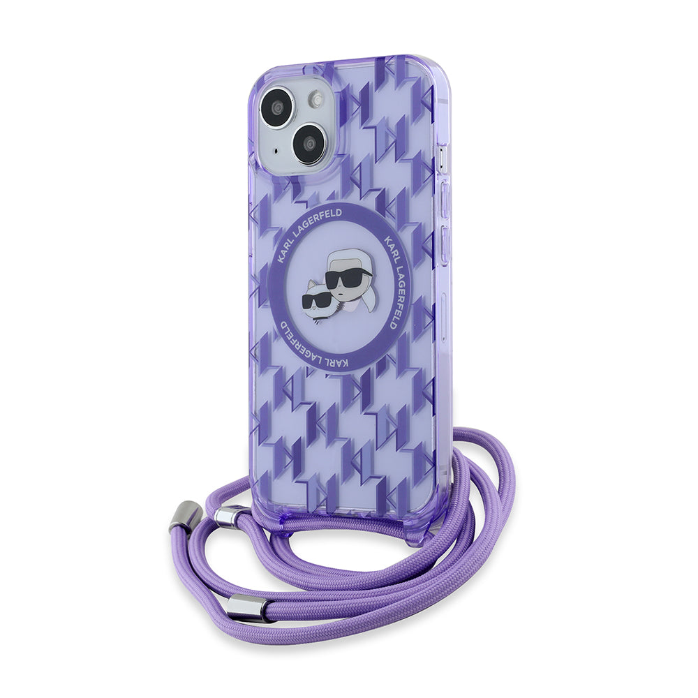 MagSafe Hülle für Apple iPhone 15, Karl Lagerfeld, IML Crossbody Monogram Karl & Choupette's Heads, Lila