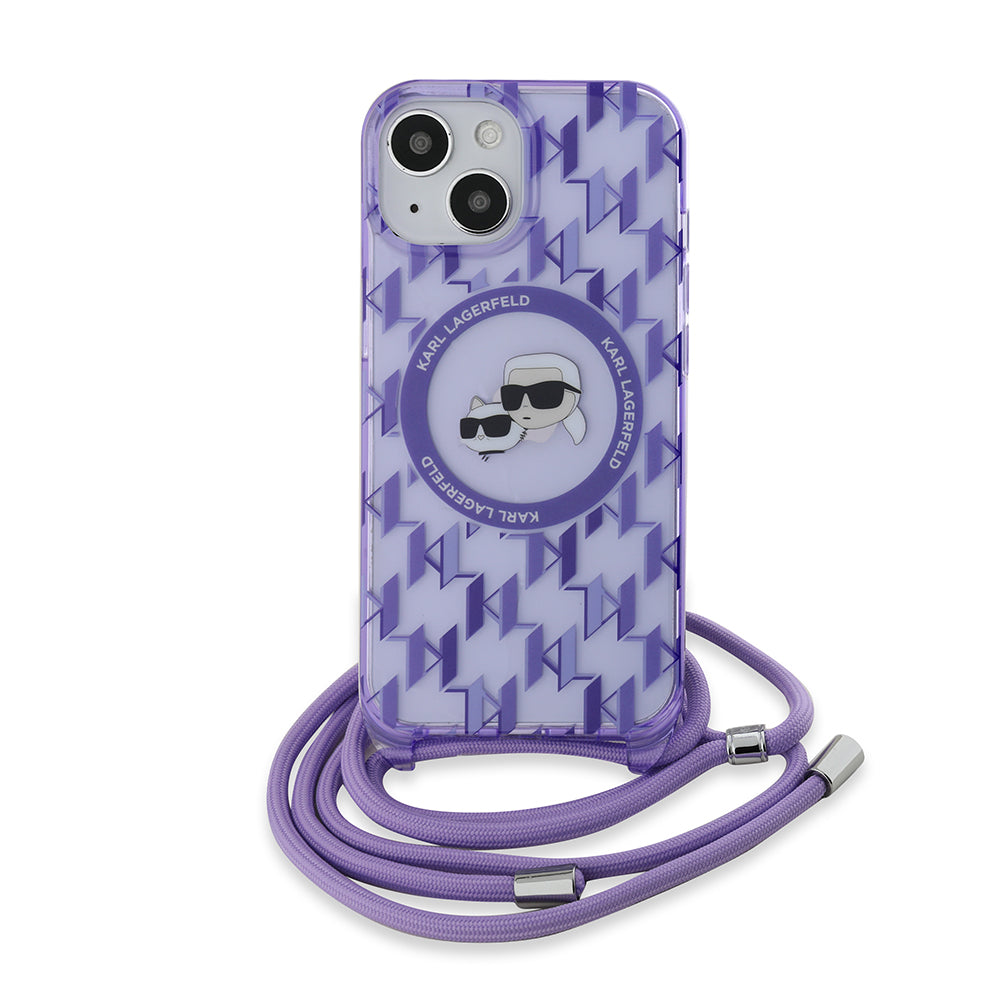 MagSafe Hülle für Apple iPhone 15, Karl Lagerfeld, IML Crossbody Monogram Karl & Choupette's Heads, Lila