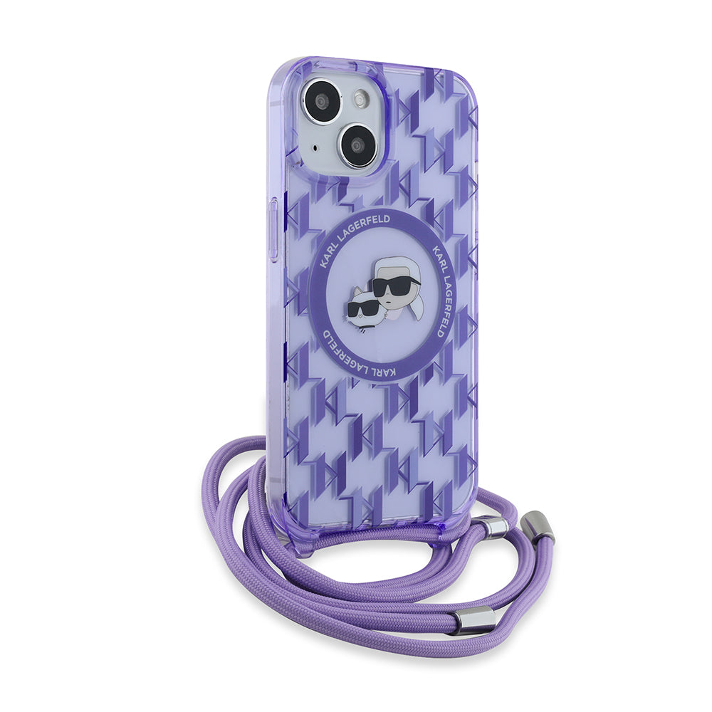 MagSafe Hülle für Apple iPhone 15, Karl Lagerfeld, IML Crossbody Monogram Karl & Choupette's Heads, Lila