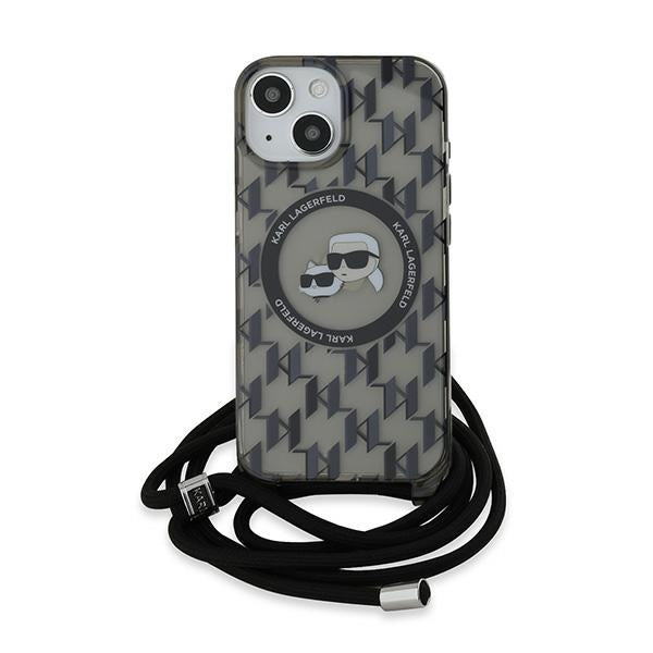 MagSafe Case for Apple iPhone 15, Karl Lagerfeld, IML Crossbody Monogram Karl & Choupette's Heads, Black