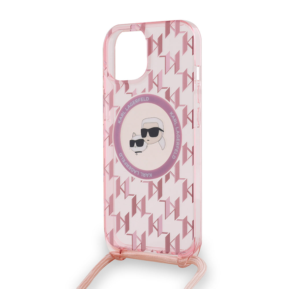 Housse MagSafe pour Apple iPhone 15, Karl Lagerfeld, IML Crossbody Monogram Karl & Choupette's Heads, Rose
