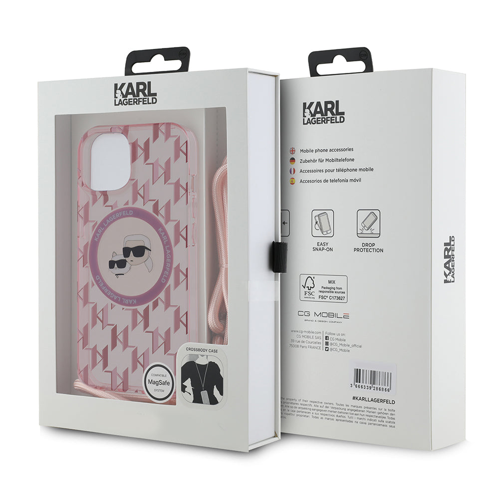 Housse MagSafe pour Apple iPhone 15, Karl Lagerfeld, IML Crossbody Monogram Karl & Choupette's Heads, Rose