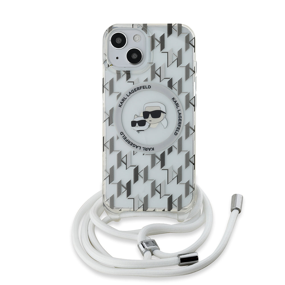 MagSafe Case for Apple iPhone 15, Karl Lagerfeld, IML Crossbody Monogram Karl & Choupette's Heads, Transparent