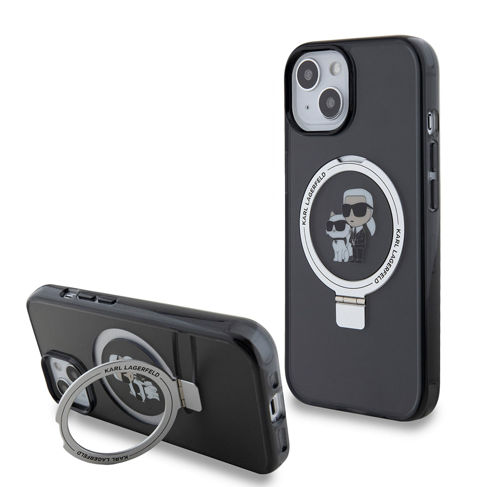 Étui MagSafe pour Apple iPhone 15, Karl Lagerfeld, Ring Stand Karl & Choupette, Noir