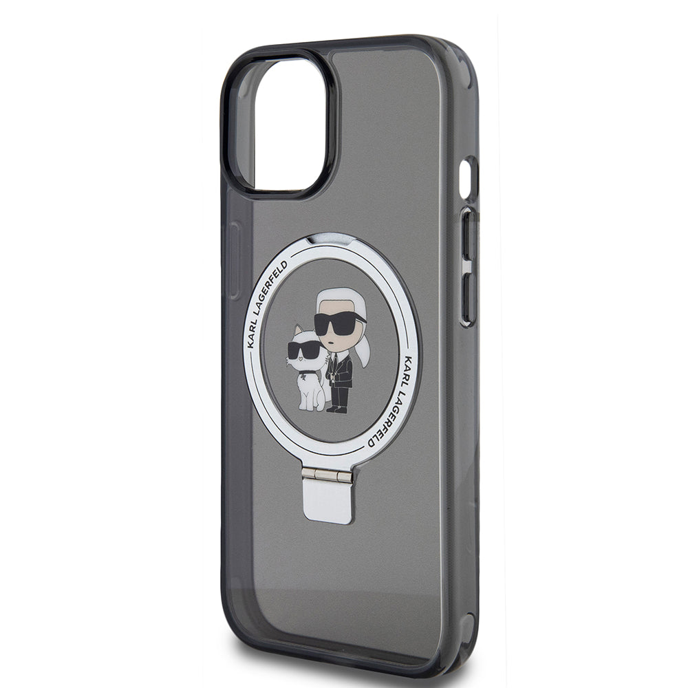 Étui MagSafe pour Apple iPhone 15, Karl Lagerfeld, Ring Stand Karl & Choupette, Noir