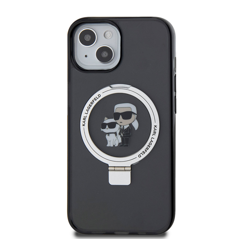 Étui MagSafe pour Apple iPhone 15, Karl Lagerfeld, Ring Stand Karl & Choupette, Noir