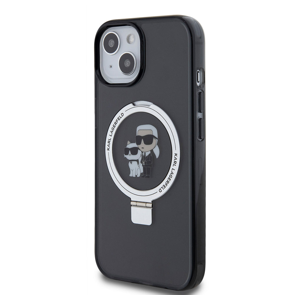 Étui MagSafe pour Apple iPhone 15, Karl Lagerfeld, Ring Stand Karl & Choupette, Noir