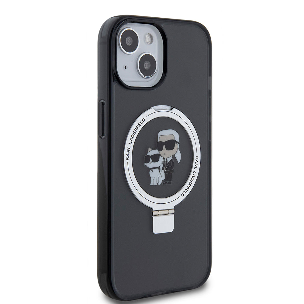 Étui MagSafe pour Apple iPhone 15, Karl Lagerfeld, Ring Stand Karl & Choupette, Noir