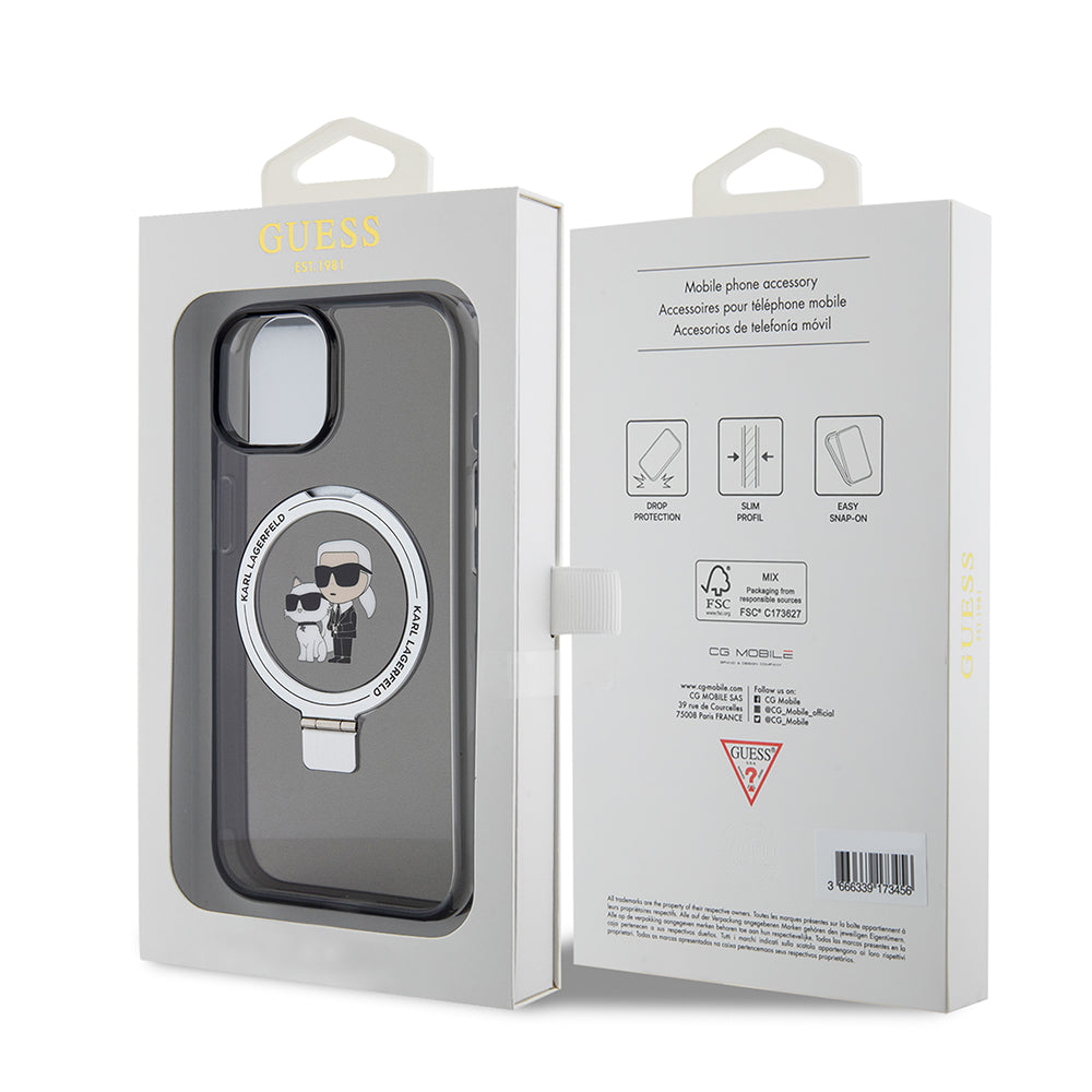 Étui MagSafe pour Apple iPhone 15, Karl Lagerfeld, Ring Stand Karl & Choupette, Noir